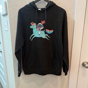Long Sleeve Black Hoodie Unisex with Astronaut and Unicorn Size S